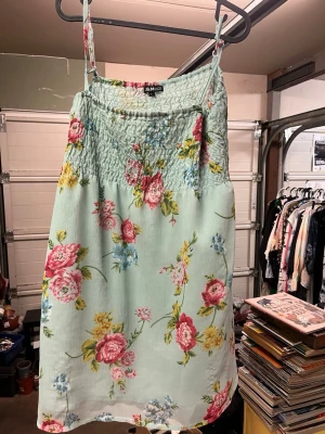Blommig mintgrön mamma kortklänning - Söt kort mamma klänning med smala axelband och smock upptill. Klänningen är mintgrön med stora blommiga mönster i rosa, gult och blått. Perfekt för varma dagar och har en luftig passform.