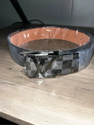 Louis Vuitton rutigt bälte - Snyggt bälte från Louis Vuitton med klassiskt rutigt mönster i svart och grått. Bältet har en silverfärgad LV-logga som spänne och är gjort i skinn. Perfekt accessoar för att lyfta din outfit.