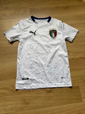 Italien fotbollströja Puma vit - Snygg vit fotbollströja från Puma med Italiens landslagsmärke på bröstet och mörkblå detaljer vid kragen. Tröjan har ett diskret mönster i tyget och korta ärmar. Perfekt för dig som vill stötta Italien på match eller träning.
