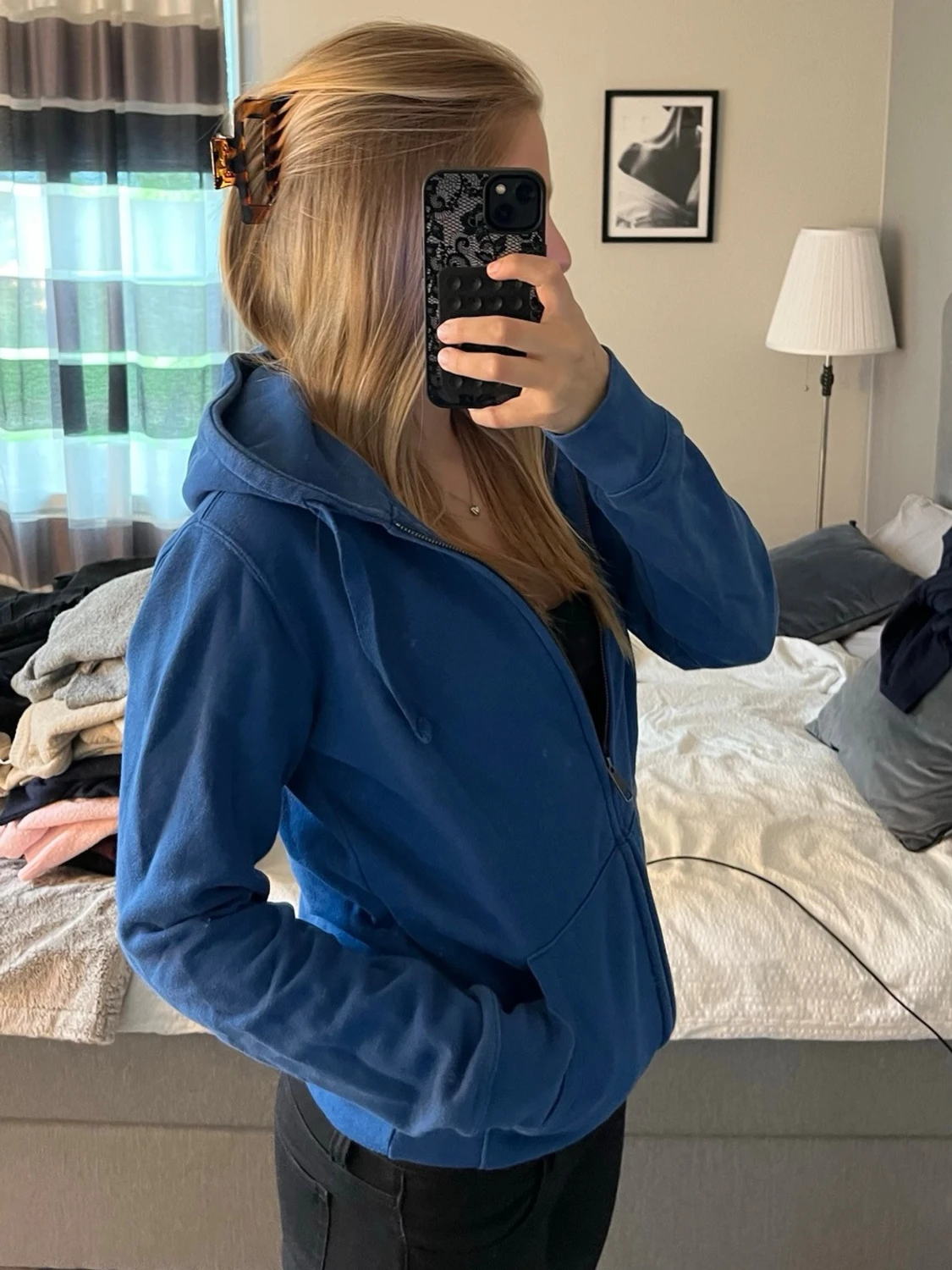 Blå zip hoodie med huva - 1