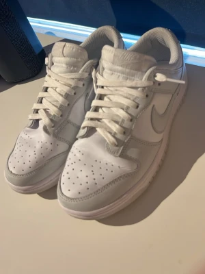 Nike Dunk Low vita sneakers - Fräscha Nike Dunk Low sneakers i helvitt läder med klassisk siluett och perforerad tå. Skorna har vita skosnören, diskret Nike-logga på sidan och en låg profil som passar till många olika stilar.