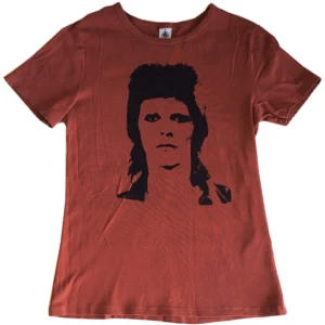 David Bowie band tröja/ graphic tee/ T-shirt med tryck, 60s/ 70s/ rock - Röd/orange T-shirt med mörklila David Bowie tryck på & detaljer vid kragen och ärmarna! 100% bomull 