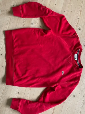 Röd sweatshirt från Lacoste - Röd sweatshirt från Lacoste med klassisk krokodillogga på bröstet. Tröjan har rund halsringning, långa ärmar och ribbade muddar vid ärmslut och nederkant. Skriv gärna vid funderingar. Storlek s men passar också m 