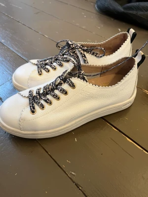 Vita sneakers med mönstrade snören - Snygga vita sneakers från Dasia mjukt läder med coola  mönstrade skosnören (som självklart går att byta) Skorna har låg profil, dekorativa kanter och dragflik baktill. Använt 3-4 gånger (pris kan diskuteras)