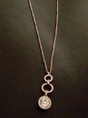 Silverfärgat halsband med myntberlock - Snyggt halsband i silverfärg med tunn kedja och hängsmycke i form av två ringar och en rund myntberlock med dekorativt mönster. Perfekt accessoar för att lyfta din outfit med en trendig touch.