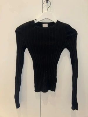 Svart ribbad långärmad tröja - Tajt svart ribbad tröja med lång ärm och rund halsringning. Tröjan har en stretchig passform och är perfekt för lager på lager eller som statement-plagg. Enkel men stilren design som passar till det mesta.