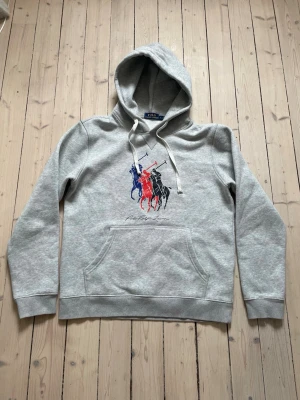 Grå hoodie från Polo Ralph Lauren - Snygg grå hoodie från Polo Ralph Lauren med stor ficka framtill och dragsko i huvan. På bröstet finns ett färgglatt tryck med tre polospelare i blått, rött och svart. Tillverkad i mjuk bomullsblandning, perfekt för en chill och avslappnad stil.