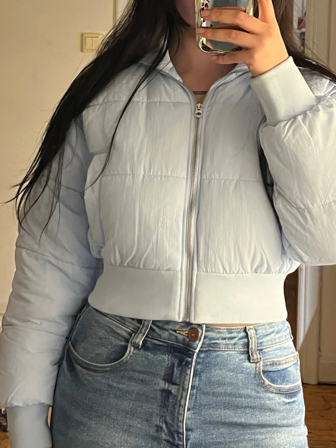 Ljusblå cropped pufferjacka - 1