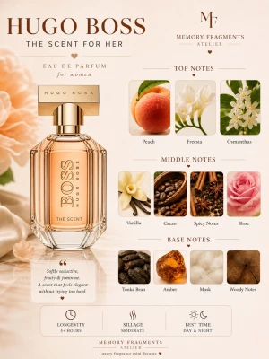 Hugo Boss The Scent for Her - ✨ Hugo Boss The Scent for Her decant ✨ Elegant, varm och sensuell doft med noter av persika, freesia och kakao 🍑🤍                     • 3ml – 59kr • 5ml – 89kr • 10ml – 149kr Perfekt om du vill testa parfymen innan full size ✨                                                               📍 Meetup möjligt i Malmö/Borås                💌 Skriv innan köp vid flera samples för kombinerad frakt.                                                     Instagram: @memoryfragments.atelier