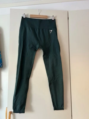 Mörkgröna seamless leggings Gymshark - Säljer ett par mörkgröna seamless leggings från Gymshark med hög midja och diskret logga på låret och vristen. Stretchigt material som sitter tajt och bekvämt, perfekt för träning eller chill. Snygg struktur i tyget för extra stilpoäng. Framhäver konturerna av glutsen.