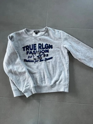 Vintage True Religion tröja - Asfet grå sweatshirt med blått och svart  tryck från True Religion. Storlek S!! Skriv för frågor!!