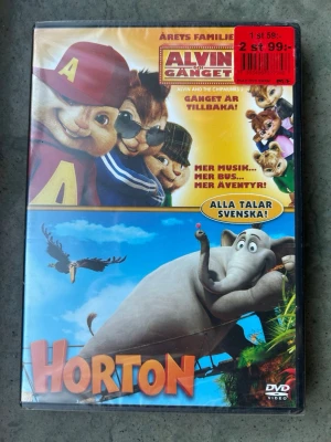 Alvin & gänget 2/Horton dvd - HELT NY & INPLASTAD Denna dubbel-DVD innehåller filmerna "Alvin och Gänget 2" och "Horton". Båda filmerna har svenskt tal. Finns på språk: Alvin & gänget 2: Svenska, Engelska, Danska, Norska, Finska  Horton:Svenska, Engelska, Finska 