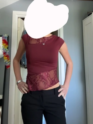 Vinröd spets topp med meshdetaljer - Säljer en vinröd topp med korta ärmar och transparenta meshpartier i spets! Perfekt för fest!🥰