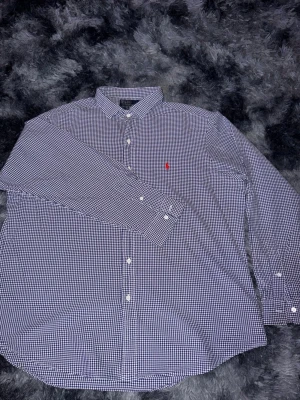 Rutig skjorta från Polo Ralph Lauren - Säljer en klassisk rutig skjorta från Polo Ralph Lauren med vit och blå färg, långärmad och knappar framtill. Skjortan har en snygg röd broderad logga på bröstet och är tillverkad i bomull. Perfekt för dig som gillar stilrena och tidlösa plagg.