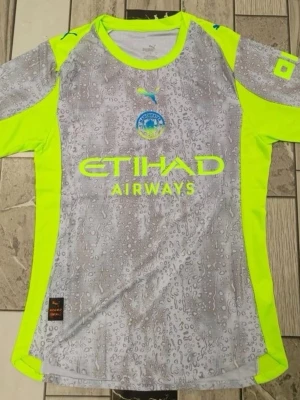 Manchester City tränings t-shirt Puma - Cool Manchester City tränings t-shirt från Puma i grått med vattenmönster och neongula detaljer. Stort Etihad Airways-tryck på bröstet och klubbmärke. Perfekt för fotbollsträning eller gymmet.