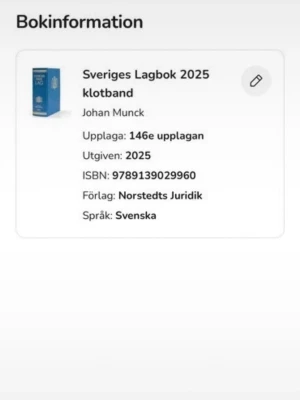 Sveriges Lagbok 2025 klotband - Sveriges Lagbok 2025 klotband, 146:e upplagan, skriven av Johan Munck. Boken är på svenska och ges ut av Norstedts Juridik. Perfekt för juridikstudier och lagreferens. ISBN: 9789139029960. Köpt begagnad med anmärkningar men har inte lagt till något då jag använde den endast 1 månad sen slutade jag plugget. Köpt för 1370kr