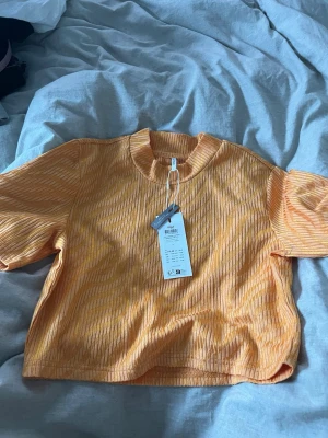 Gul ribbad croppad topp från ONLY - Trendig gul croppad topp från ONLY med ribbad struktur och hög hals. Toppen har korta ärmar och är en del av Petite Collection. Perfekt för dig som vill ha en färgglad och modern look.