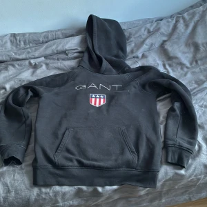 Svart hoodie från GANT med logga - Svart hoodie från GANT med broderad logga och amerikanskt sköldmärke på bröstet. Klassisk känguruficka framtill och huva. Perfekt för en avslappnad och stilren look. Inga hål eller annat väldigt fint skick. Hör av er vid frågor och kom ihåg att pris kan alltid diskuteras🤩