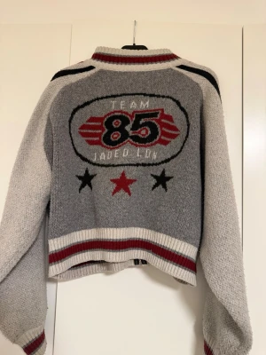 Grå stickad tröja Jaded London - Cool grå stickad tröja från Jaded London med broderat motiv på ryggen: TEAM 85 och stjärnor i svart och rött. Tröjan har röda och grå ränder vid krage, ärmslut och nederkant samt dragkedja framtill. 
