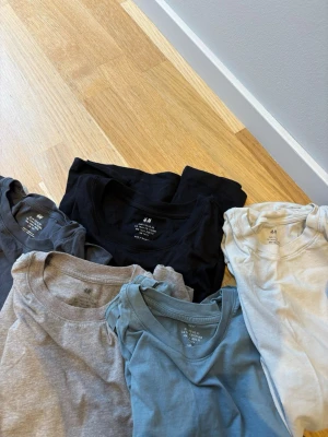 5 pack basic t-shirts från H&M - Säljer ett 5 pack basic t-shirts från H&M i olika färger: svart, grå, beige och ljusblå. Alla har rund halsringning och korta ärmar. Perfekta att matcha till allt och tillverkade i mjuk bomull för skön känsla hela dagen. Alla tröjor är i storlek 170. Hör av dig vid frågor!