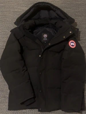 Svart dunjacka från Canada Goose - Säljer en svart dunjacka från Canada Goose med klassisk patch på ärmen och huva. Jackan har en pufferdesign, dragkedja och knappar framtill. Perfekt för kalla dagar och riktigt snygg till vinterlooken. Passform slim. Går även att byta. Bara mötes upp