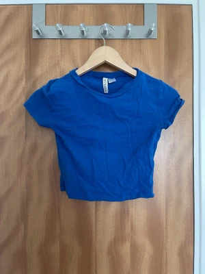 Blå croppad t-shirt från H&M - En enkel och stilren blå croppad t-shirt från H&M. T-shirten har rund halsringning och korta ärmar, perfekt för en avslappnad och trendig look.