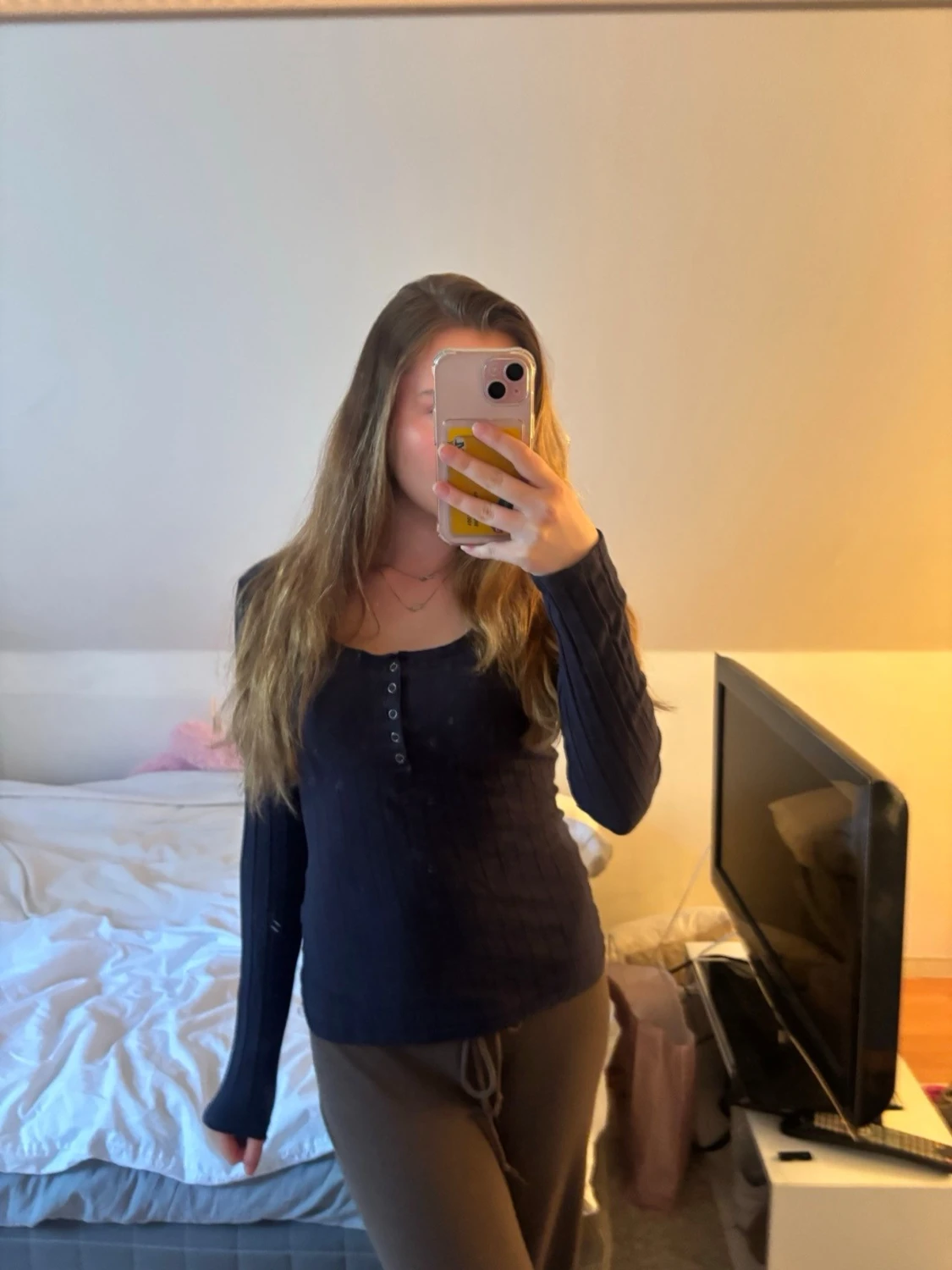Mörkblå ribbad långärmad topp - 1