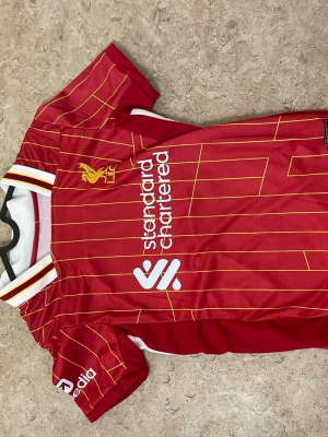 Liverpool röd matchtröja med gula ränder - Röd Liverpool matchtröja med tunna gula ränder, klubbmärke på bröstet och vit sponsorlogga framtill. Tröjan har vit och gul detalj vid kragen och är tillverkad i ett lätt, ventilerande material som passar perfekt för fotbollsträning eller match.