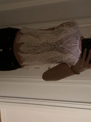 Vit spetsig croppad blus - Säljer en vit croppad blus med vackra spetsdetaljer och hög hals. Toppen är ärmlös och har ett unikt mönster i spets som ger en romantisk och trendig look. Perfekt att styla med jeans eller kjol för en cool outfit.