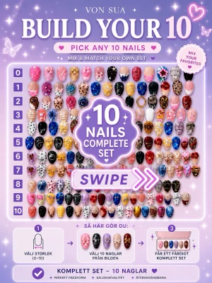 Pick Your Own Nails (10 pcs) 💛;Meidum Almond - Mix & Match – skapa ditt egna set 💜  Välj 10 naglar och bygg ditt egna unika press-on set.  Så här gör du:  1. Kolla först vilken storlek du behöver: 0–11. 2. Välj 10 naglar från bilden. 3. Skärmdumpa bilden och ringa in/markera de naglar du vill ha. 4. Skicka bilden till mig, så sätter jag ihop ditt set.  Alla naglar är handgjorda av mig och kan mixas fritt efter din egen stil. Perfekt om du vill ha något mer personligt eller om du behöver extra naglar till tidigare set.