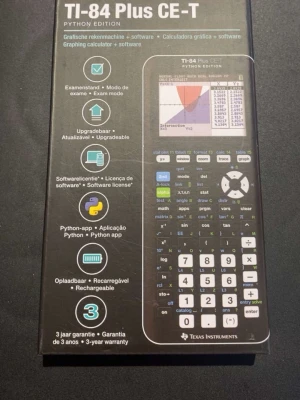 Texas Instruments TI-84 Plus CE-T - Säljer en TI-84 Plus CE-T Python Edition grafräknare med färgskärm och bakgrundsbelysning. Räknaren är svart med vita och färgade knappar, har stöd för Python och är uppladdningsbar. Perfekt för matte och naturvetenskap på gymnasiet.