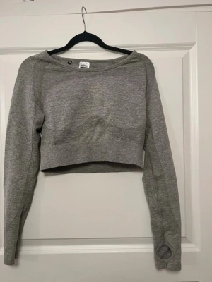 Grå croppad långärmad topp Gymshark - Grå/beige croppad långärmad topp från Gymshark i stretchigt syntetmaterial. Toppen har tumhål i ärmsluten och en öppen rygg med snygg cut-out detalj. Perfekt för träning och gym. 