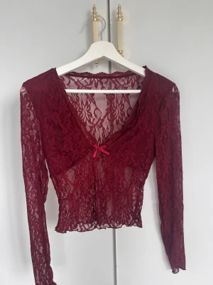 Vinröd spetsblus med rosett - Snygg vinröd blus i spets med lång ärm och v-ringning. Blusen är transparent och har en liten rosett framtill. Perfekt för dig som vill ha en trendig och feminin topp med unika detaljer. Köpt på shein, storlek XS passar S med. Aldrig använd 