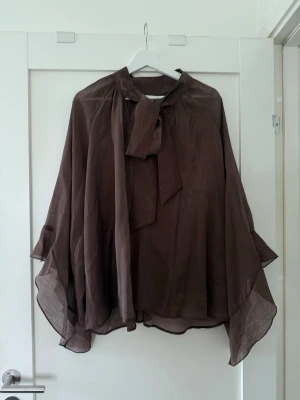 Brun transparent blus med knytband Bubbleroom - Säljer en brun, luftig blus i transparent material med långa, vida ärmar och ett snyggt knytband vid halsen. Perfekt för dig som gillar en avslappnad men ändå chic stil. Materialet känns lätt och flowy, vilket ger en cool siluett.