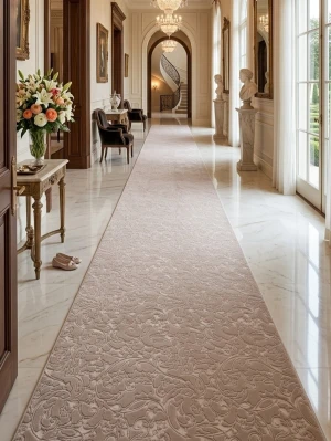 Två långa gångmattor i beige toner - Säljer två rektangulära gångmattor. Den ena är ljusbeige med elegant blommönster, den andra har ett beige-grått abstrakt mönster. Båda mattorna är tunna och mjuka, perfekta för hall eller korridor. Materialet ser ut att vara syntetfiber.  De finns olika priser olika storleker 200x300 pris 1500kr