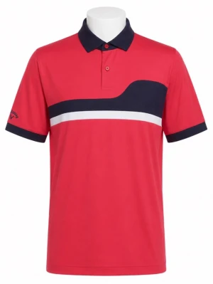 Röd topp med blå detaljer Callaway - Sportig röd pikétröja från Callaway med marinblå krage och ärmslut. Framsidan har en marinblå och vit rand över bröstet som ger en cool kontrast. Tillverkad i ett lätt och funktionellt material. Storlek M superbra skick! 