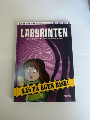 Labyrinten av Petrus Dahlin - Labyrinten är en spännande lättläst bok av Petrus Dahlin och Johanna Kristiansson. Omslaget är lila med tecknad illustration av en tjej i en labyrint och texten 'Läs på egen risk!' i gult. Perfekt för unga läsare som gillar mysterier och äventyr.