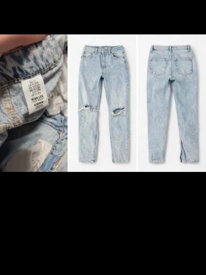 Ljusa wide leg jeans från H&M - Säljer ett par ljusblå jeans från H&M med wide leg-modell och hög midja. Jeansen har slitningar på båda benen framtill och klassiska fickor. Materialet är 100% bomull för en skön och avslappnad känsla.