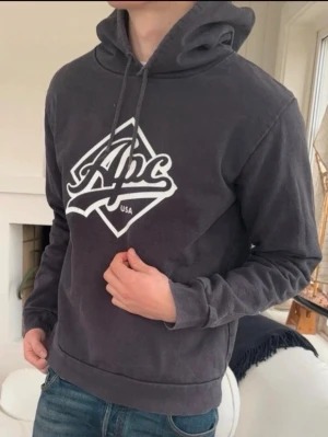 Mörkgrå hoodie från APC USA - Snygg mörkgrå hoodie från APC USA med stor vit logga på bröstet. Hoodien har huva med dragsko och ribbade muddar vid ärmslut och nederkant. Perfekt för en avslappnad streetwear-look. Tillverkad i mjukt material för extra komfort.