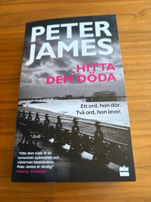 Hitta dem döda av Peter James - Spännande kriminalroman av Peter James med svartvit omslagsbild och rosa textdetaljer. Boken handlar om kriminalintendent Roy Grace och en dramatisk mordutredning i Brighton. Perfekt för dig som gillar nervkittlande rättegångsdramatik och oväntade vändningar.