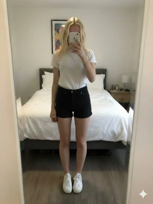 Svarta midwaist shorts i bomull - Snygga svarta shorts med midja i klassisk femficksmodell. De har uppvikta benslut, bälteshällor och stängs med knapp och dragkedja. Materialet är mjukt och skönt bomullstyg, perfekt för varma dagar. Passar till allt och är ett måste i garderoben.