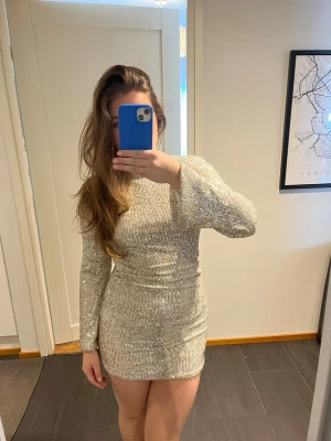 Meet me There glittrig kortklänning med långa ärmar - Säljer en snygg glittrig kortklänning i silver med långärmad design. Klänningen har en kroppsnära passform och är perfekt för dig som vill sticka ut. Materialet är troligtvis polyester och klänningen har en rund halsringning. Meet me There märke. En liten fläck på insidan, annars i väldigt gott skick! 