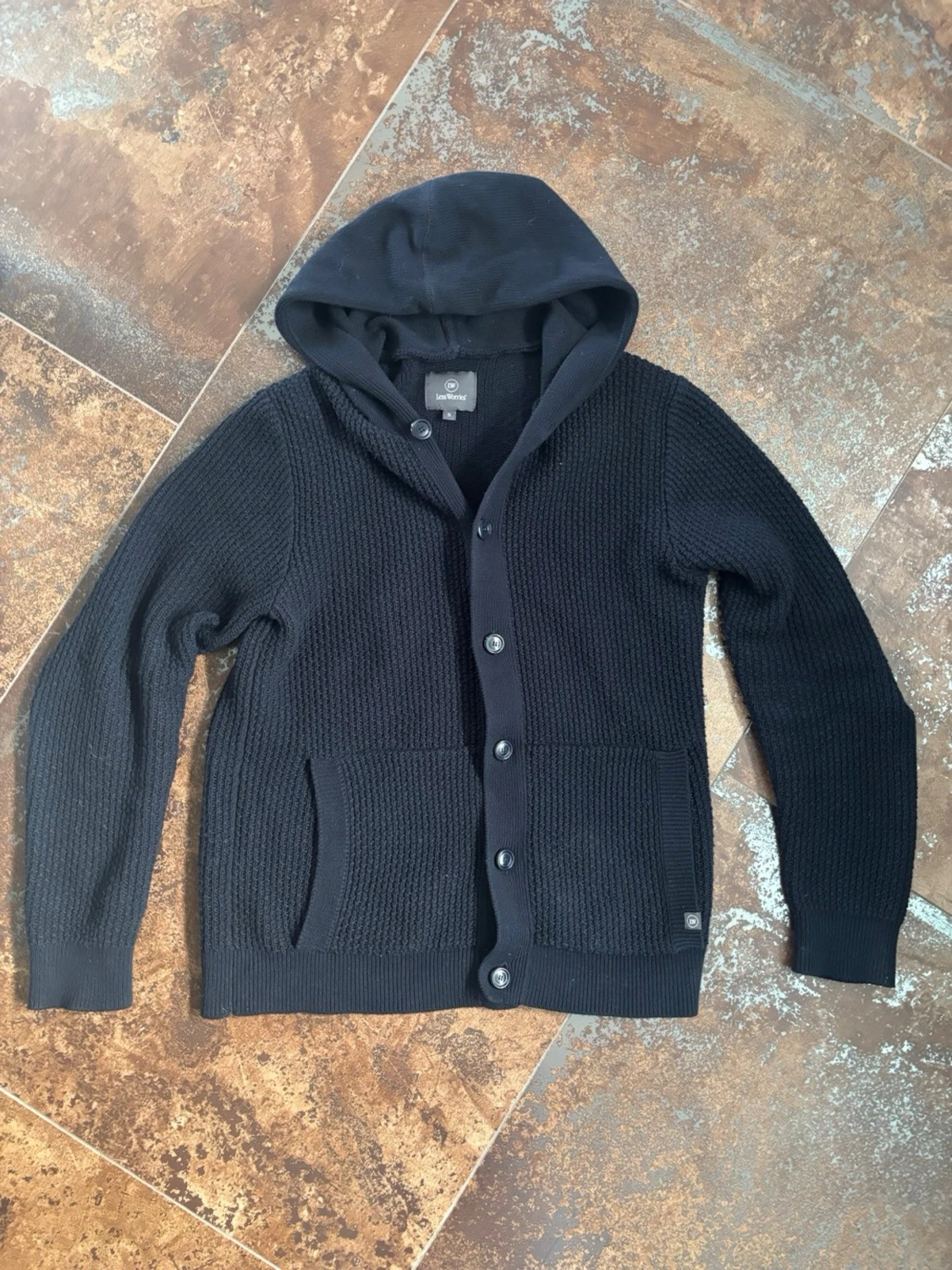 Mörkblå stickad hoodie med knappar - 2