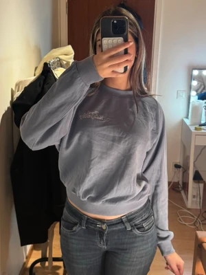 Blå sweatshirt  - Säljer en ljus blå sweatshirt med broderad text. I super bra skick!