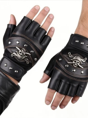 Svarta, punk handskar - Punk. Ett par fingerlösa handskar i svart och rött med nitar och ett döskallemotiv. Motivet i bronsfärg. Handskarna har en justerbar rem runt handleden för en säker passform. Storlek 10,5 cm bred. Längd 17 cm.