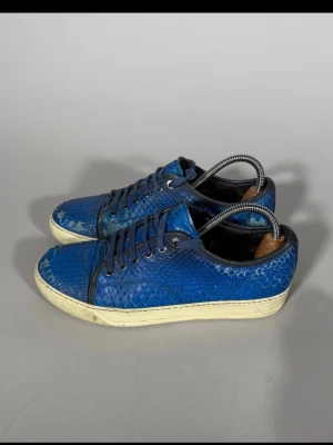 Lanvin skor - Unika blå sneakers med ormskinnsmönstrad ovandel och vita sulor. Skorna har svarta snören och detaljer samt en låg profil som ger en clean look. Perfekta för dig som vill sticka ut med ett djärvt mönster och cool färg.