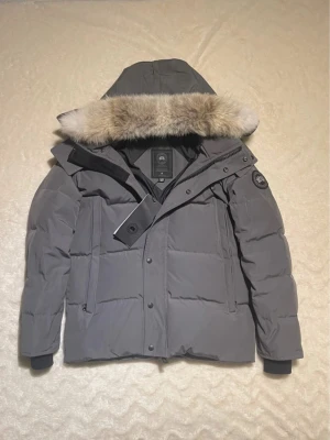 Grå dunjacka med pälskantad huva - Snygg grå dunjacka från Canada Goose med stor huva som har en pälskant. Jackan har raka fickor framtill, ribbade muddar vid ärmsluten och en patch med logga på ärmen. Perfekt för kalla vinterdagar och riktigt varm.