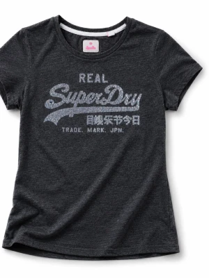 Superdry Vintage Logo sequin tee charcoal grey V-neck XL - The full-sequin Superdry Vintage Logo tee in charcoal grey marl — iridescent sequins that shift silver-to-blue in natural light. V-neck, fitted cut that flatters without being tight. 55% cotton / 45% polyester. Condition: very good, no flaws. A low-key glam piece that works dressed up or down.