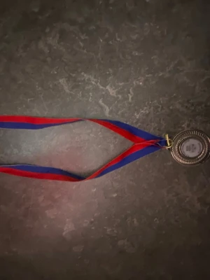 Silverfärgad medalj med band - Säljer en silverfärgad medalj med dekorativ kant och ett band i rött och blått. Medaljen har en rund form och bandet är tillräckligt långt för att bäras runt halsen. Perfekt som accessoar eller dekoration.