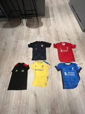 Fem fotbollströjor från olika lag - Säljer fem olika fotbollströjor: svart-röd Adidas, gul Hummel Booztlet, blå Nike Liverpool, röd Nike Liverpool och svart-blå rutad tröja. Tröjorna har tryck och klubbmärken, vissa med spelarnamn som Salah, Virgil, Perisic och Björk. Perfekt för dig som älskar fotboll och vill ha snygga matchtröjor. 70 kr styck